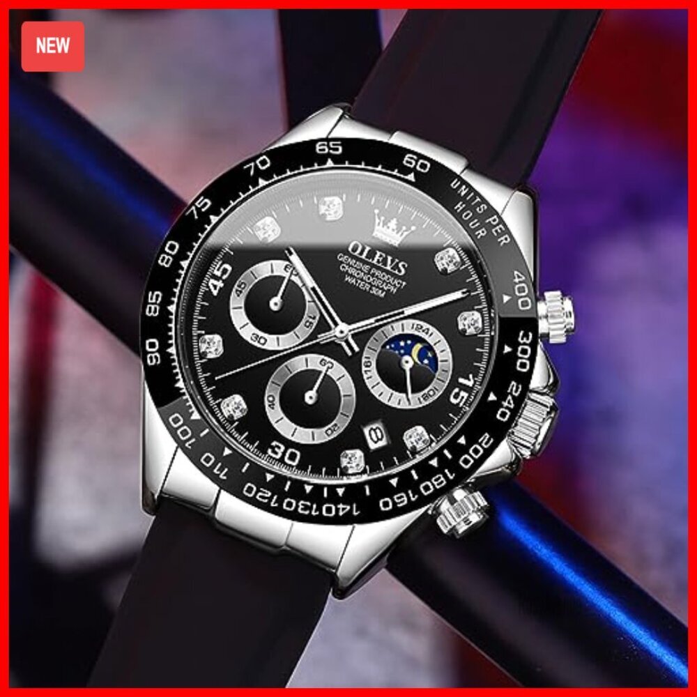 Men's Diamond Chronograph Watch, Moon Phase, Waterproof, Silicone Strap View 3